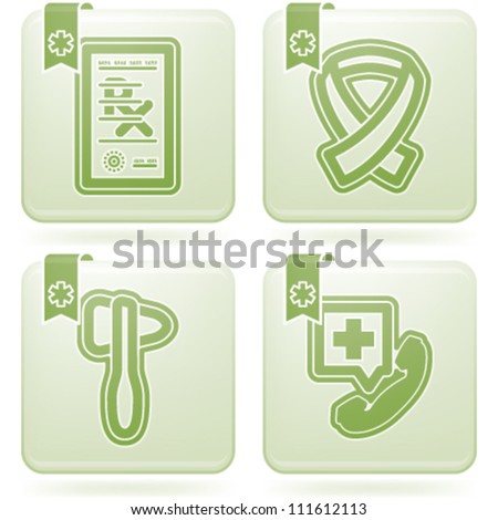 4 icons in "Healthcare" from left to right:  Prescription, Cancer "Pink Ribbon", Pills blister, Virus.