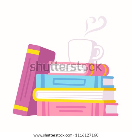 Stack of books and cup of coffee. Love reading vector illustration for book cafe or library.