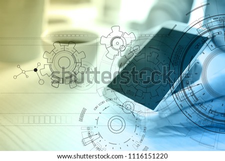 Technology interface background with gears draft. Engineering, Business, Development and communication concept.