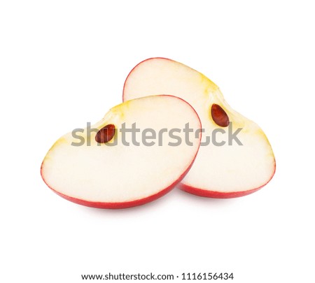 Slices of fresh red apple isolated on white background as package design element