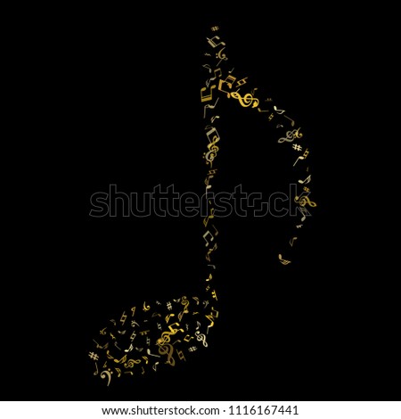 Gold flying musical notes isolated on black background. Fresh musical notation symphony signs, notes for sound and tune music. Vector symbols for melody recording, prints and back layers.