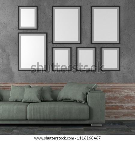 room with empty frames in wall, sofa in floor of ceramic granite, 3d stock illustration