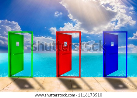 Wooden balcony, red door, blue door and green door, blue sea and clear sky, concept of stepping out new things.
