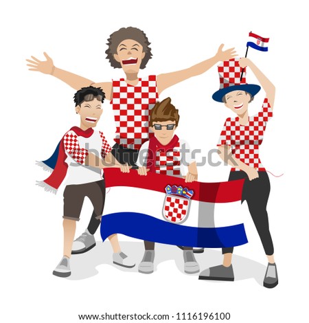 Croatia football fans. Cheerful soccer fans, supporters crowd and Croatia flag.