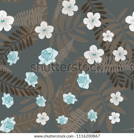 Beautiful tropical seamless pattern with flowers and leaves. Flowers of the jungle. Summer background with tropical leaves and flowers for fabric, wallpaper and cover.