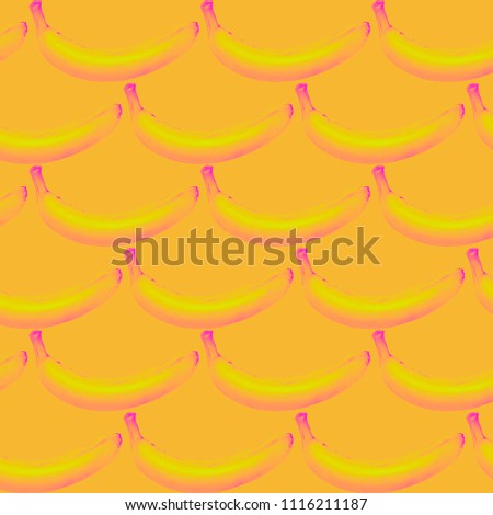 Full yellow bananas on yellow background, seamless pattern, side view