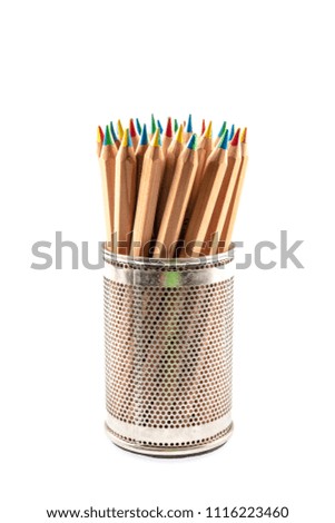 Colored Pencils in Holder Isolated on White Background.