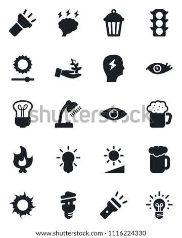 Set of vector isolated black icon - brainstorm vector, fire, sun, garden light, eye, traffic, torch, brightness, desk lamp, beer, bulb, energy saving, palm sproute, idea