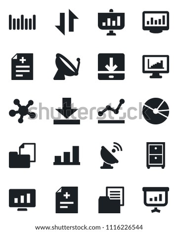 Set of vector isolated black icon - satellite antenna vector, statistic monitor, diagnosis, folder document, barcode, share, data exchange, download, statistics, bar graph, pie, point, archive box