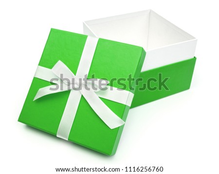 Open green gift box with ribbon bow. Holiday present. Isolated on white background