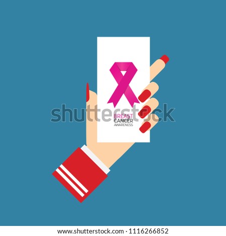 Brest cancer awareness symbol on card in hands illustration on blue background