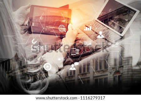 Inbound marketing business with virtual diagram dashboard and Online or permission market concept.brunette woman using smart phone and digital tablet computer on sofa in living room with London city