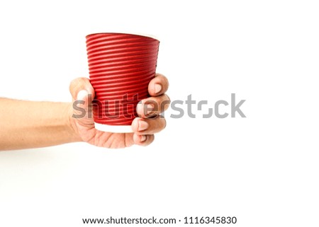 Asian man hold a red paper coffee cup,white background