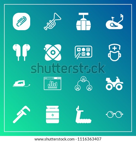 Modern, simple vector icon set on gradient background with structure, nutrition, electric, people, health, hierarchy, trumpet, bugle, bodybuilding, reparation, company, clip, glasses, website icons