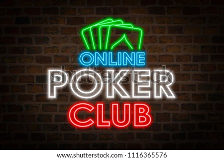 Neon signboard Online Poker Club on a brick wall background. Concept of a site with online gambling.