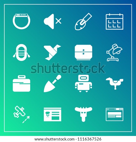 Modern, simple vector icon set on gradient background with kid, shovel, food, horse, meat, gadget, child, aircraft, sound, paper, dinner, art, business, boat, timetable, technology, futuristic icons