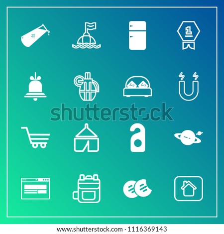 Modern, simple vector icon set on gradient background with food, sea, planet, chemical, adventure, fridge, sweet, house, estate, cart, business, motel, camp, life, astronomy, building, safety icons