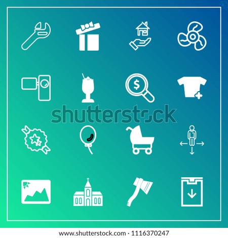 Modern, simple vector icon set on gradient background with church, cool, rent, home, celebration, building, religious, tool, place, download, image, house, child, property, spanner, direction icons