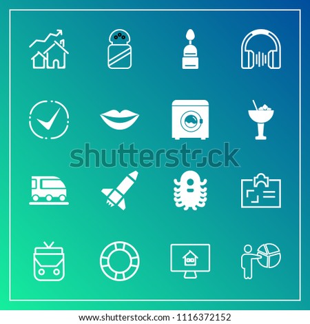 Modern, simple vector icon set on gradient background with online, transportation, sweet, fiction, alien, launch, presentation, monster, style, real, vehicle, business, pool, meeting, home, van icons