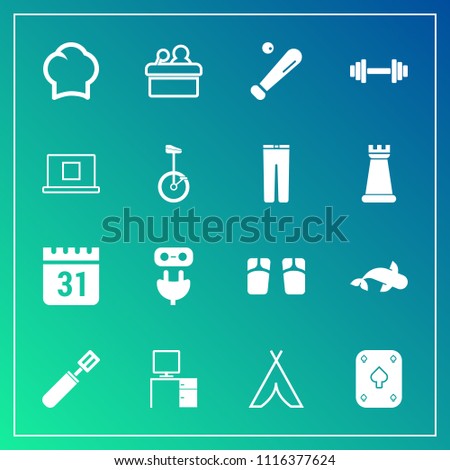 Modern, simple vector icon set on gradient background with cooking, office, chief, timetable, speaker, schedule, presentation, kitchen, footwear, conference, white, tent, energy, fashion, game icons