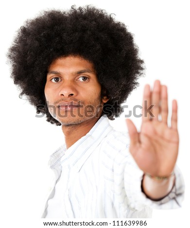 Afro man making a gesture to stop racism - isolated over a white background