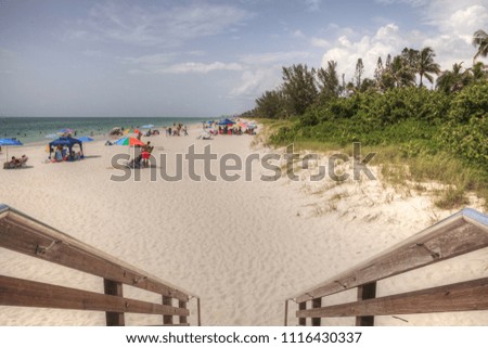 Boardwalk entrance of the Naples Beach with tropical plants in the summer in Naples, Florida