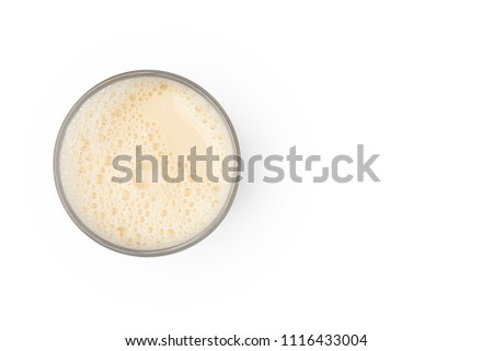 Cup with soy milk bubble foam on top view isolated texture on white background with copy space object design