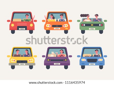 Front icons for various people driving. flat design style vector graphic illustration set