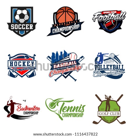 Set of soccer, basketball, american football, hockey, baseball, volleyball, badminton, tennis, golf badge logo design icon. Sport identity emblem patch vector illustration collection