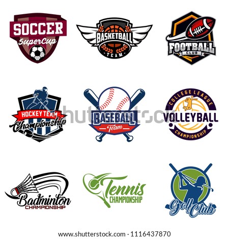 Set of soccer, basketball, american football, hockey, baseball, volleyball, badminton, tennis, golf badge logo design icon. Sport identity emblem patch vector illustration collection