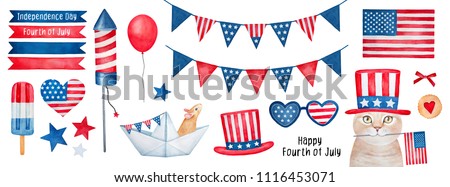 Independence Day (4 th of July) Collection. Hand drawn watercolour graphic paint on white background, isolated clip art elements for holiday decoration and celebration design. Red, blue, white color.