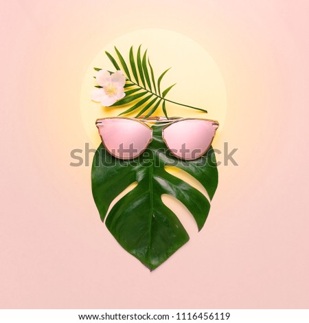 Tropical beach concept. Fashionable hipster Monstera in trendy glasses. Creative poster, pink pastel background