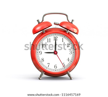 9 o'clock red alarm clock isolated on white background