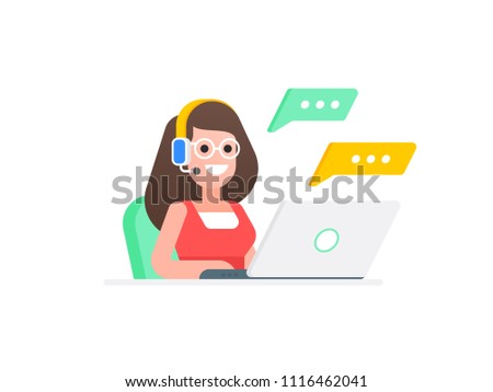 Concept of technical support. Woman dispatcher sitting at a table with laptop, headset and microphones and speech icons on white background. Vector illustration