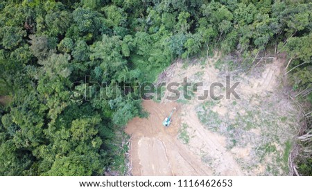 Deforestation. Aerial photo destruction of Borneo rainforest