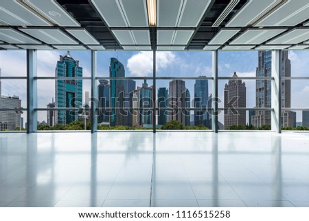 Panoramic skyline and buildings from glass window，shanghai city，china