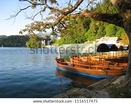 View of boats on Lake Bled at sunset