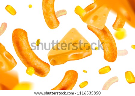 Cheese and corn curls floating in the air, 3d illustration design element Royalty-Free Stock Photo #1116535850