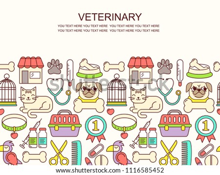 Line style illustration with pets icons. Linear vet pattern on white, veterinarian background. Goods for cats and dogs, flyer for print with placce for text.
