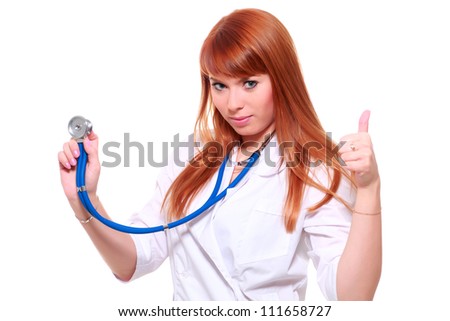 Studio shot of young attractive and friendly woman doctor with stethoscope, taken against pure white backgroung.