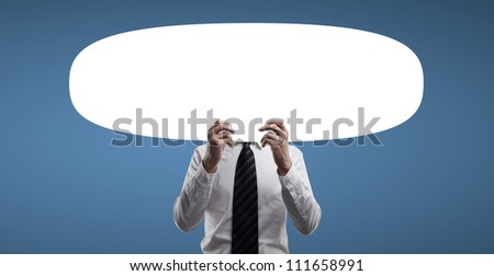 man holding blank card on blue background