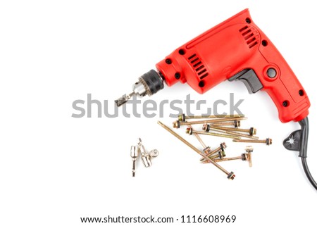 Set HEX Drive magnetic drill bit socket driver (8mm) and roof screw install with red electric drill isolated on white background and have copy space.