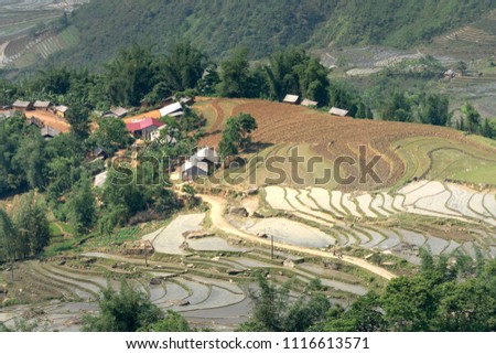 The image is as beautiful as the oil painting of terraced field. Curved lines of Terraced rice field during the watering season at the time before starting to grow rice in Mu Cang Chai in Yen Bai Prov