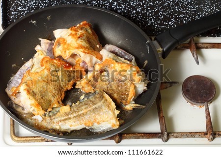 to pan-fry sth Raw cod fish fillets in kitchen