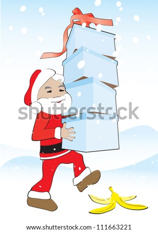Santa carries the gift boxes and steps on the banana peel