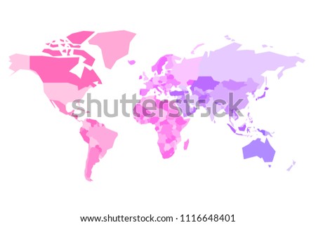 Multicolored map of World. Simplified political map with national borders of countires. Colorful vector illustration in pink-violet spectrum colors.