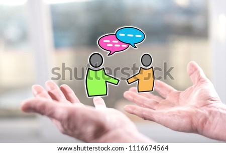 Dialog concept above the hands of a man
