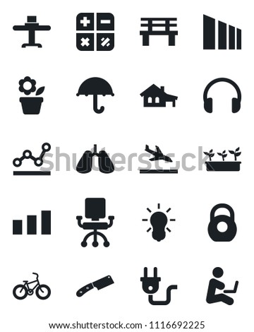 Set of vector isolated black icon - arrival vector, calculator, flower in pot, seedling, bench, bike, lungs, umbrella, sorting, heavy, headphones, point graph, house with garage, restaurant table
