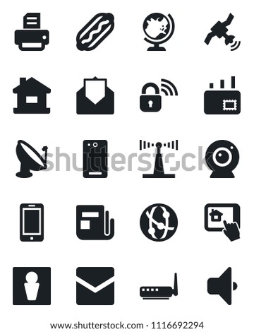 Set of vector isolated black icon - male vector, globe, mobile phone, printer, satellite antenna, news, network, mail, back, house, hot dog, wireless lock, router, web camera, home control app
