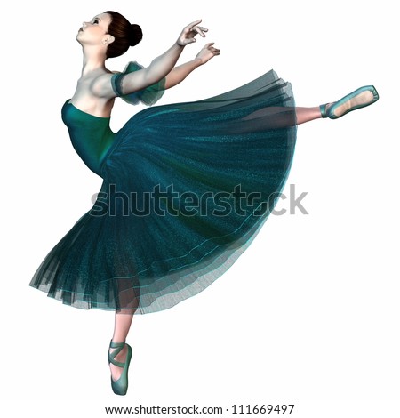 Ballerina in a green romantic style tutu balancing on pointe, 3d digitally rendered illustration